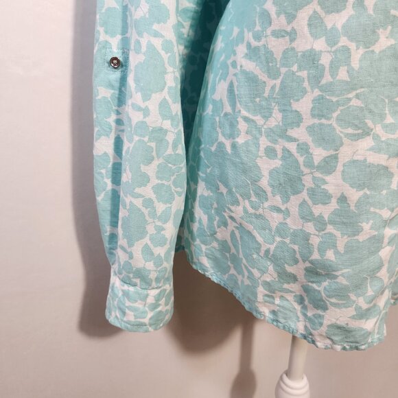 Charter Club Size XL Blue Floral Print Linen Button Down Roll Tab Sleeve Shirt - Picture 6 of 15
